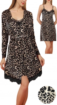 Nuisette et kimono velours et dentelle motif léopard M au 3XL Nuisette et kimono velours et dentelle motif léopard M au 3XL