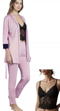 Pyjama pois avec débardeur dentelle et veste kimono M au XXL Mauve Pyjama pois avec débardeur dentelle et veste kimono M au XXL Mauve