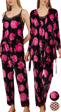 Pyjama velours 3 pièces M au 3XL imprimé fleurs Pyjama velours 3 pièces M au 3XL imprimé fleurs