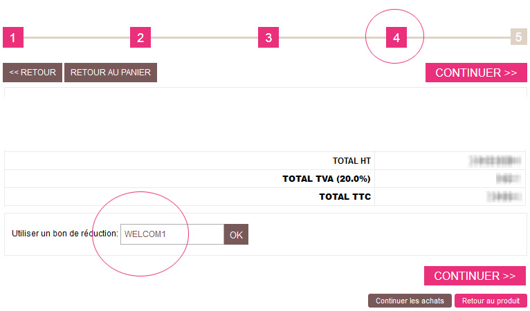 Entrez votre code promo WELCOM1 à la quatrième étape de votre panier d'achat