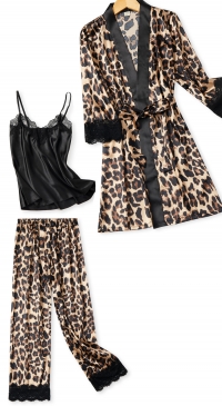 Kimono léopard satin avec top et pantalon assortis