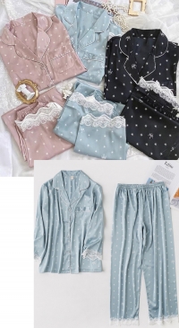 Pyjama satin dentelle imprimé pois