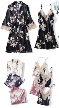 Kimono et sa nuisette satin/dentelle imprimé (que rose et bleu marine)