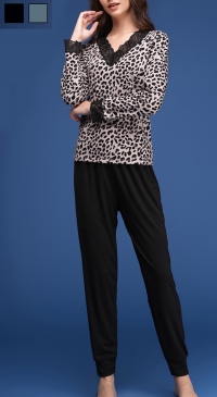 Pyjama léopard col V dentelle molletonné touché modal