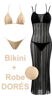 Bikini uni aspect satiné et robe de plage transparente DORÉ
