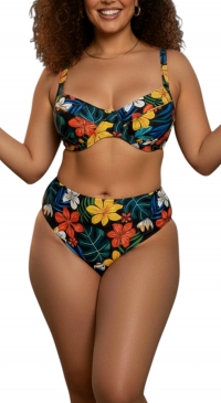 Maillot 2 pièces grande taille NOIR imprimé tropical