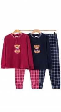 Pyjama unisexe en velours -  nounours et carreaux - S au 2XL
