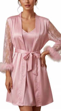 Nuisette et kimono avec faux fur satin rose S au XXL