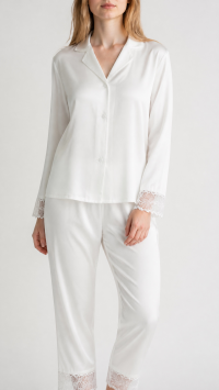 Pyjama en satin chemise et pantalon avec dentelle – Assortiment M, L, XL, XXL BLANC