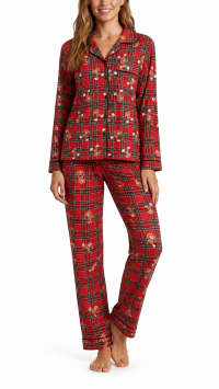 Pyjama chemise et pantalon molletonné élasthanne imprimé écossais et oursons – Assortiment M, L, XL, 2XL et 3XL