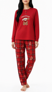Pyjama en molleton double face haut uni et pantalon écossais imprimé oursons de Noël – Assortiment M, L, XL, 2XL et 3XL