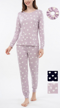 Ensemble de pyjama avec chouchou à motif cœurs – Assortiment S-M-L-XL-XXL