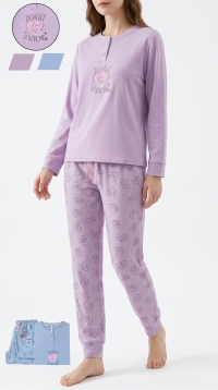 Pyjama femme en élasthanne gratté col tunisien avec motif donut cœur – Assortiment S-M-L-XL