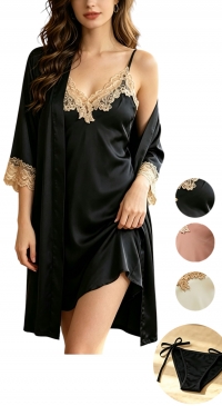 Nuisette et kimono satin avec dentelle brodée et culotte à laçage assortie tailles de S au XXL