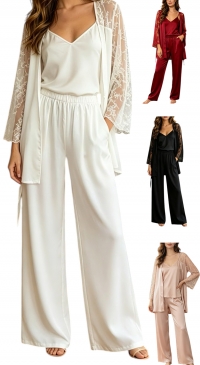 Pyjama 3 pièces satin débardeur pantalon et kimono dentelle assorti